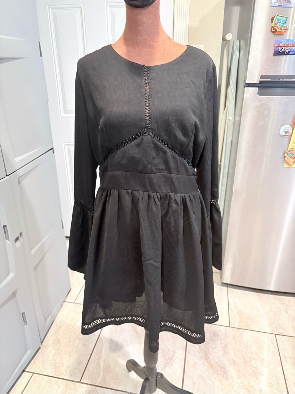 Moon River Black Long-Sleeve Lace-Trim Babydoll Dress